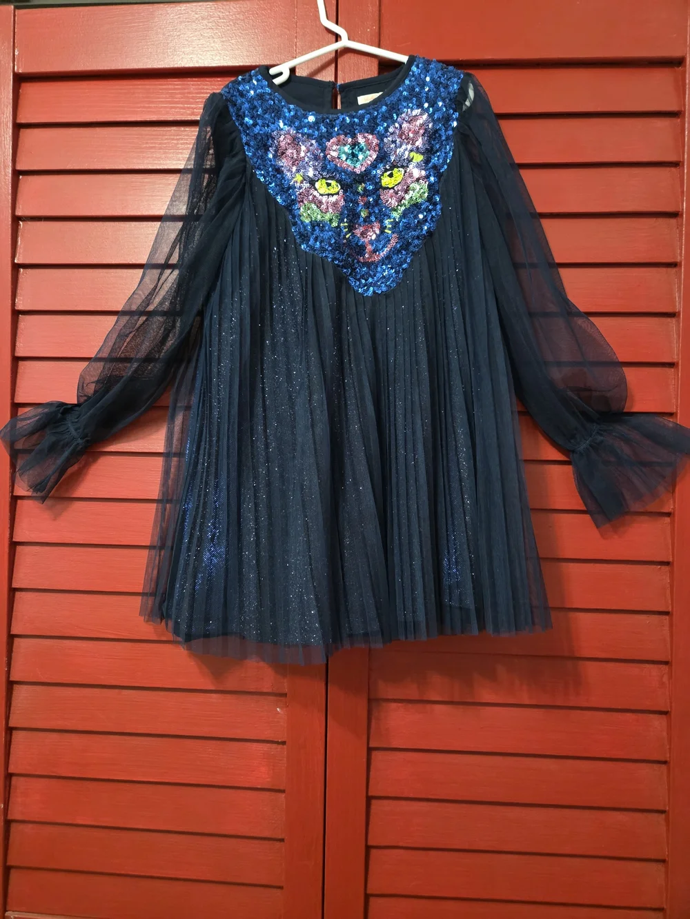 Billieblush Navy Blue Sequin Tulle Dress with Multicolor Sequin Cat Motif